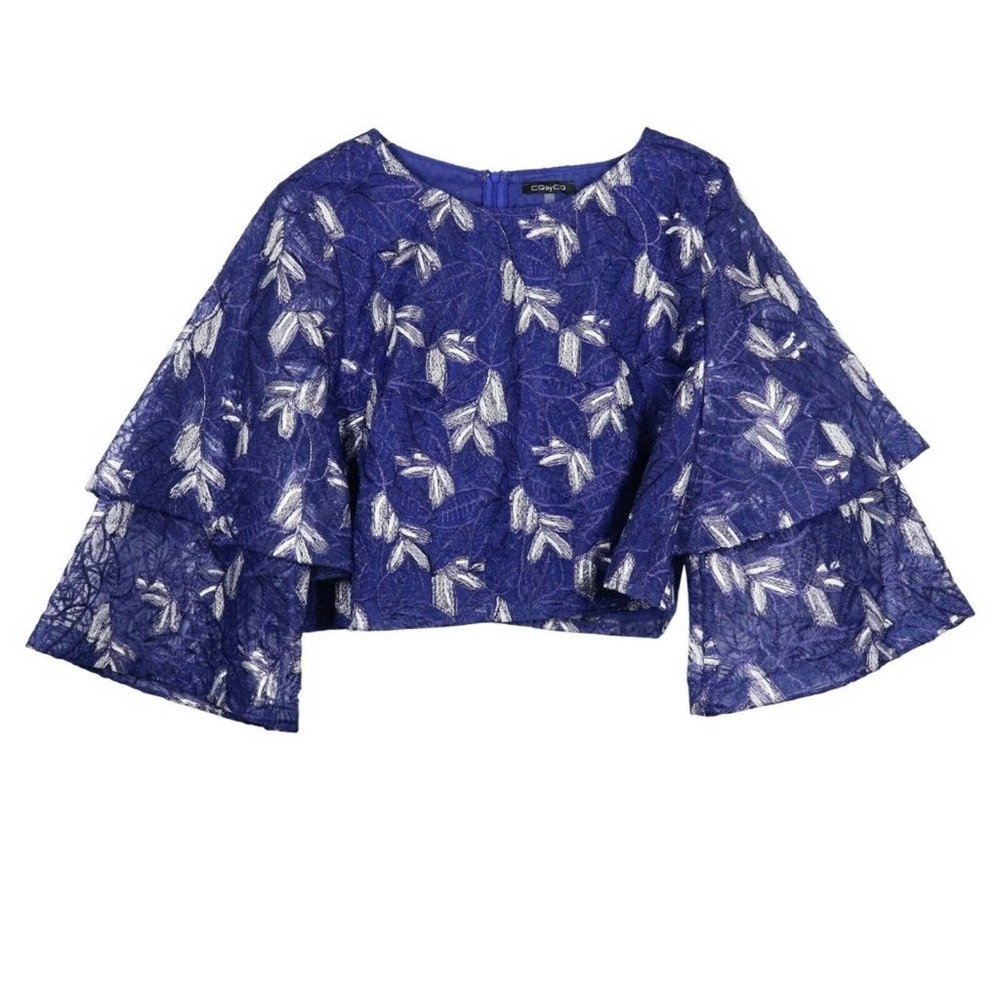 NWOT CQ by CQ Lace Embroidered Crop Top Size 2X Blue Tiered Sleeve Blouse Plus